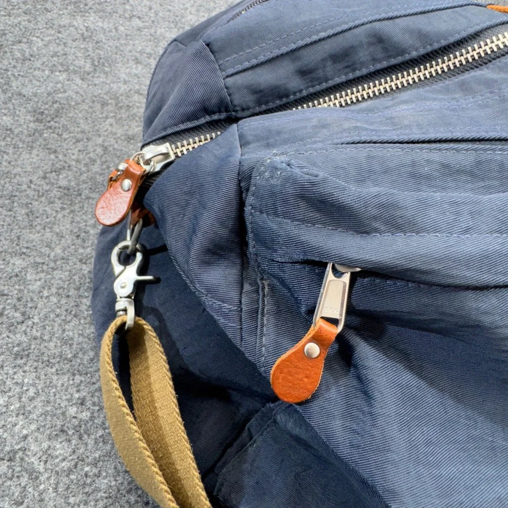 J Crew Harwick Duffle Bag Blue Brown Leather Trim Travel Weekender Overnight